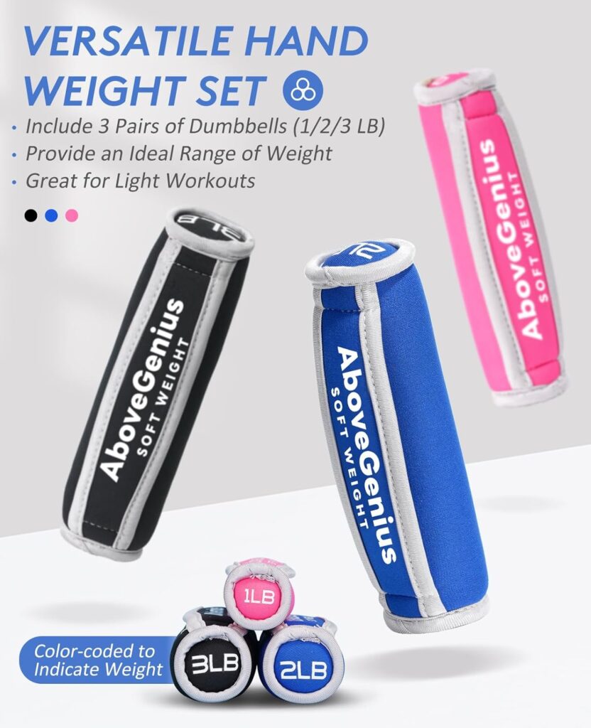 AboveGenius Hand Weights Set for WomenMen,Soft Dumbbells Set of 6(1lb 2lb 3lb Each Pack) for Dumbbell Walking Weight Sets with Hand Strap for Workout Running, Jogging and Physical Therapy (3 Pair of(1/2/3 pound)small weights)