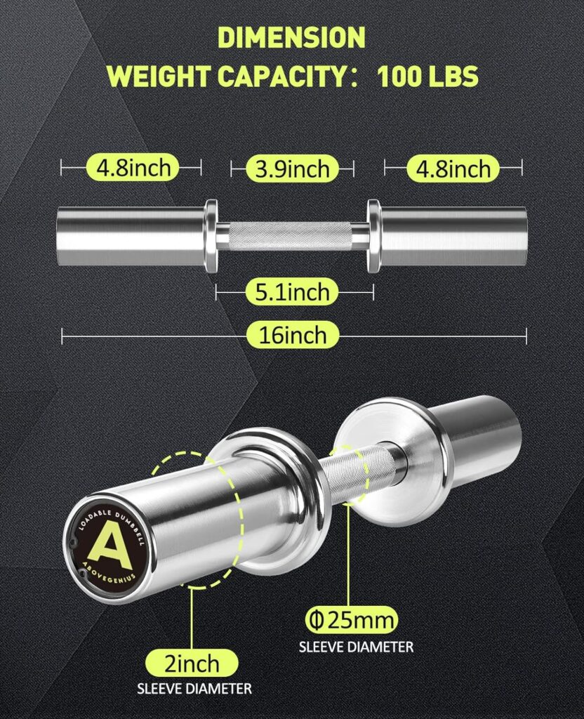 AboveGenius Pair of 16 Olympic Dumbbell Handles Loadable Dumbbell Bars for 2-inch Olympic Weight Plates Ideal for Home Gym Strength Training, 2 Pair of Spring Collars Included