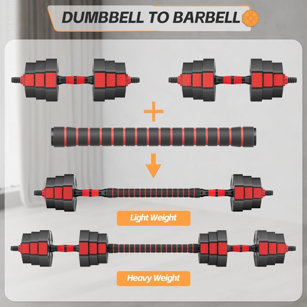 BIERDORF Professional Grade Adjustable Weights Dumbbells Set of 2 Weight Set for Home Gym 3 In 1 Used as Barbell, Dumbbell, Push up Bars 44LB/66LB Free Weights Dumbbells Set for Women and Men