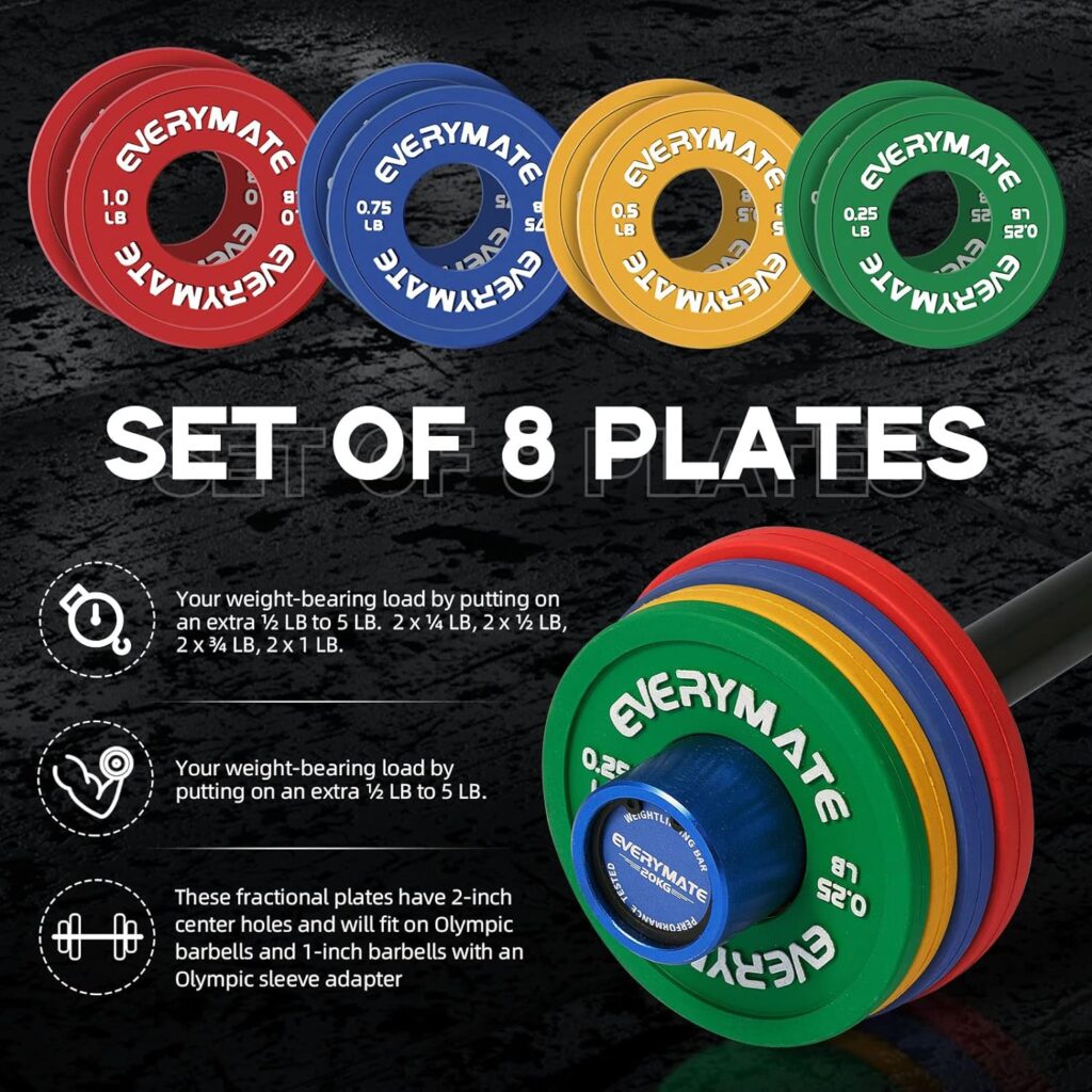 EVERYMATE Rubber Fractional Weight Plates Set of 8 Micro Weight Plate Pair of 0.25LB 0.5LB 0.75LB 1 LB for Olympic Barbells for Strength Training Micro Plates Weight Plate