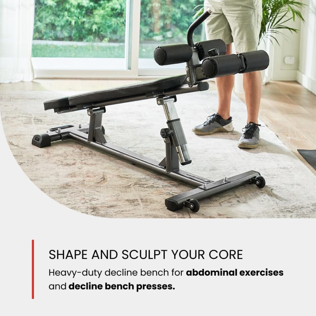 Finer Form Semi-Commercial Sit-Up Bench For Core Workouts and Decline Bench Press. Adjustable Weight Bench with Reverse Crunch Handle with 4 Adjustable Height Settings. Great Ab Workout Equipment