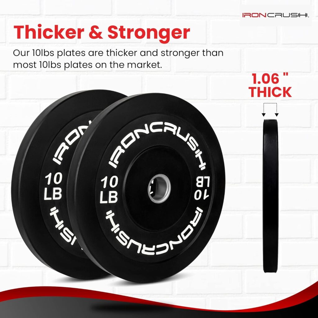 Iron Crush Olympic Bumper Plates Set - Virgin Rubber Weights for Strength Training - Fits 2 Barbells - Sold in Pairs