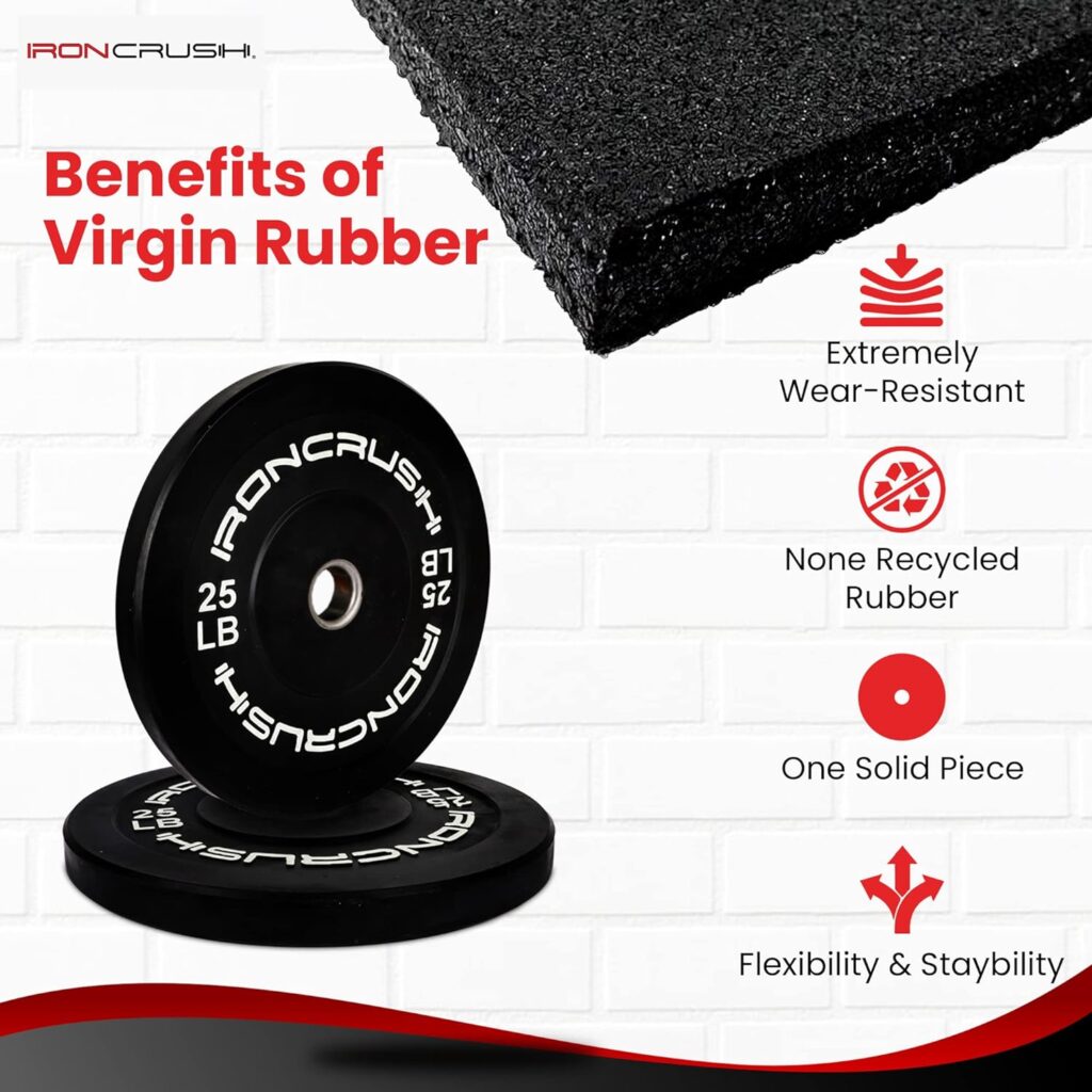 Iron Crush Olympic Bumper Plates Set - Virgin Rubber Weights for Strength Training - Fits 2 Barbells - Sold in Pairs