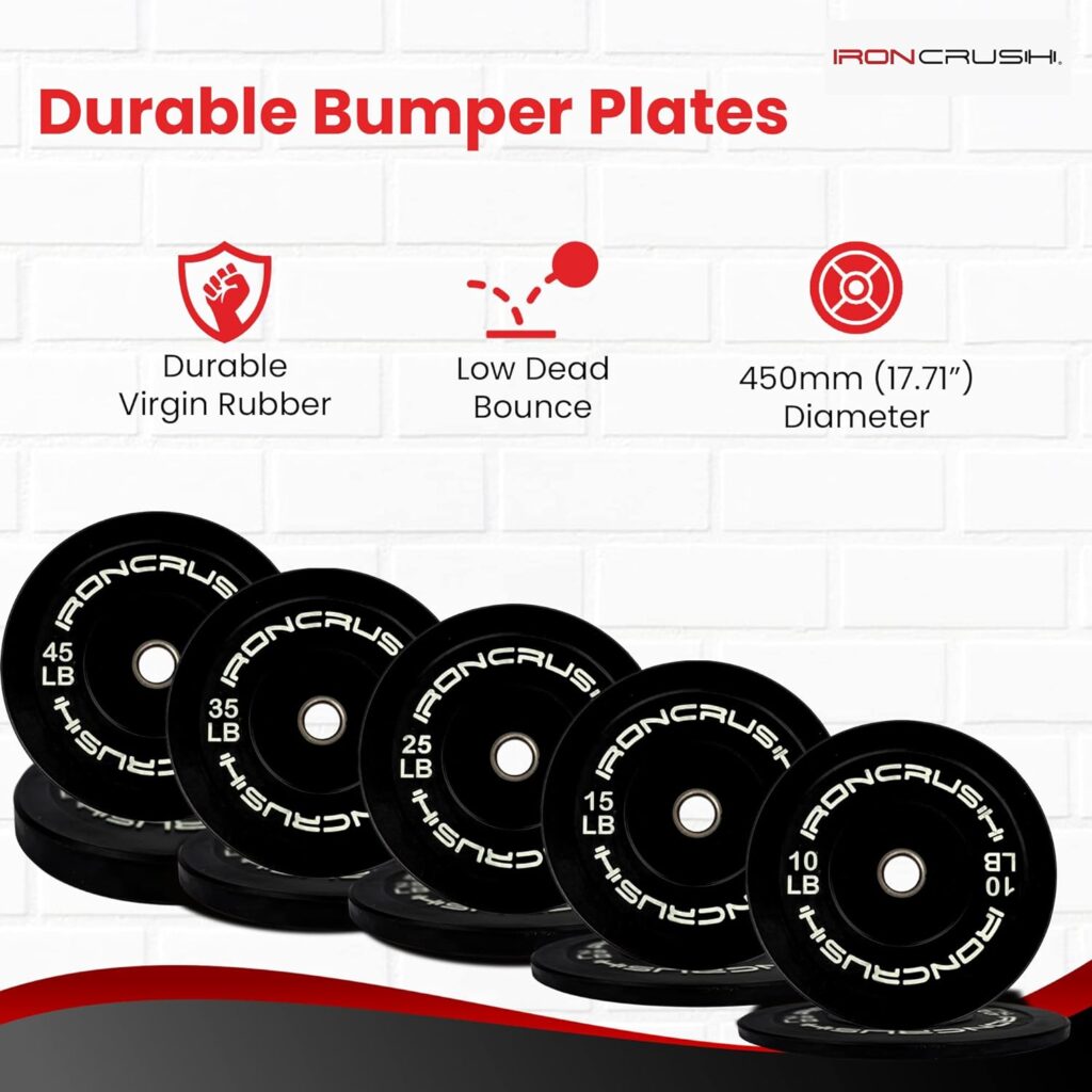 Iron Crush Olympic Bumper Plates Set - Virgin Rubber Weights for Strength Training - Fits 2 Barbells - Sold in Pairs