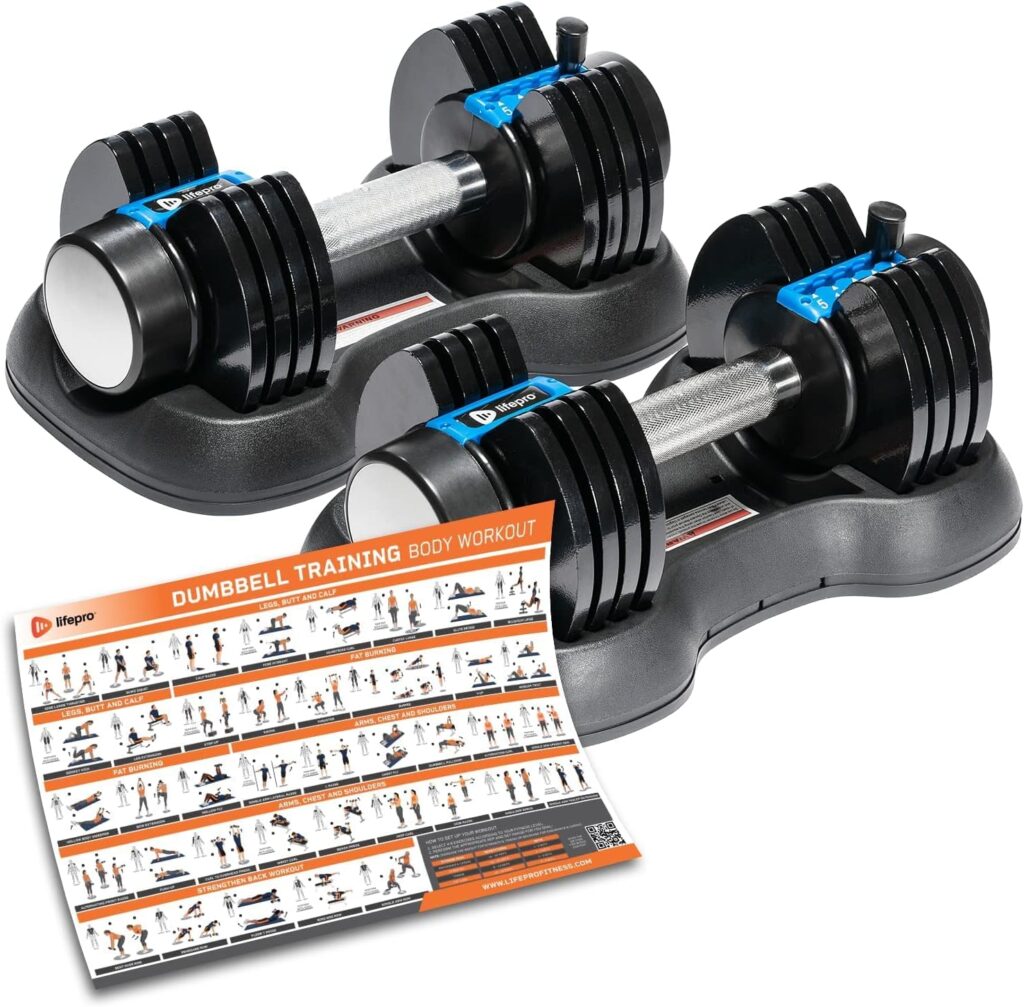 Lifepro Adjustable Dumbbell Set 25lb 5in1 - with Workout Poster  Dumbells Rack - Compact Quick Adjustable Weights for Full Body Exercise  Fitness - Adjustable Dumbbells Set of 2 for Home Gym