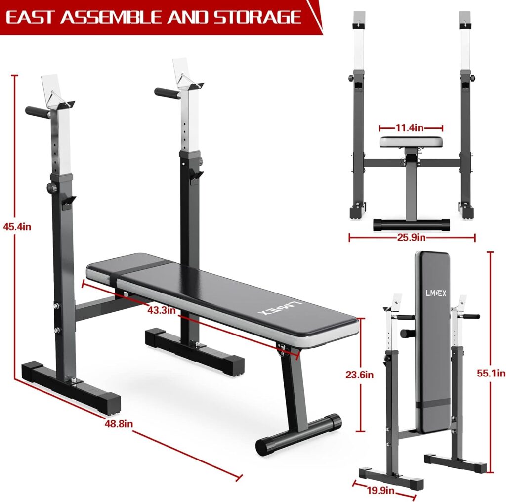 Lmdex Adjustable Weight Bench Press with Squat Rack Folding Multi-Function Dip Station for Full Body Workout Home Gym Strength,Grey (grey) …