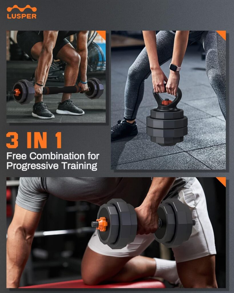 Lusper Adjustable Weights Dumbbells Set, 44LB/55LB/66LB Free Weights, 3 in 1 Mutiweight Dumbbell/Barbell/Kettlebell with Connector, Versatile Weight Set for Home Gym