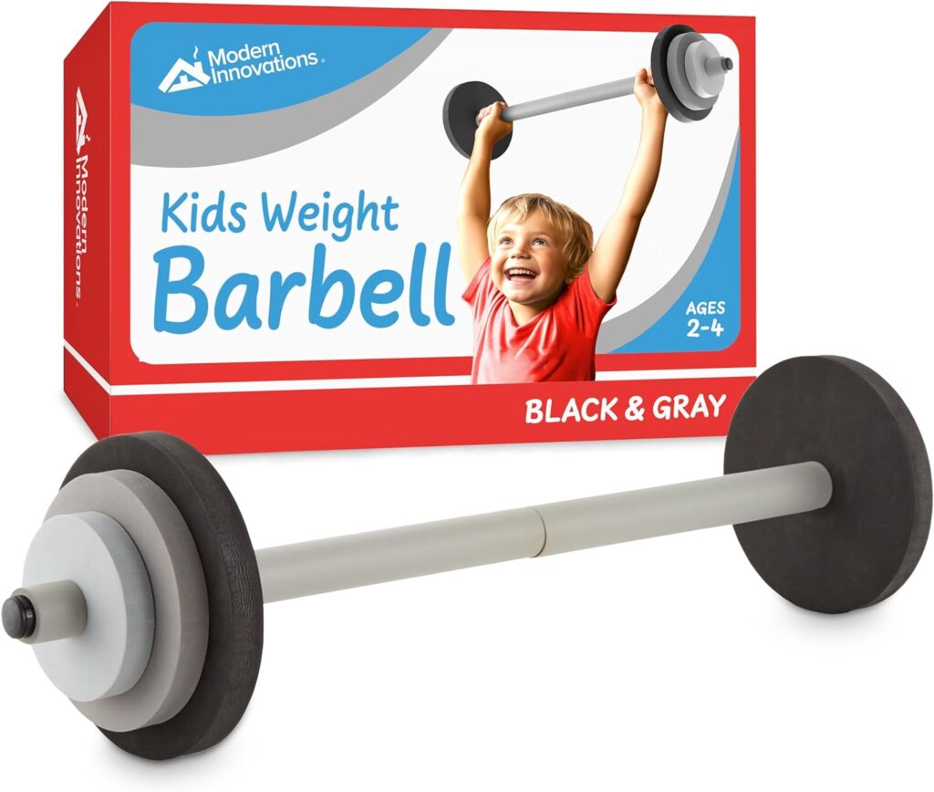 Modern Innovations Kids Barbell Weight Set, Toy Workout Equipment, Kid Weights for Exercise, Toddler Fun  Fitness (Black  Gray)…