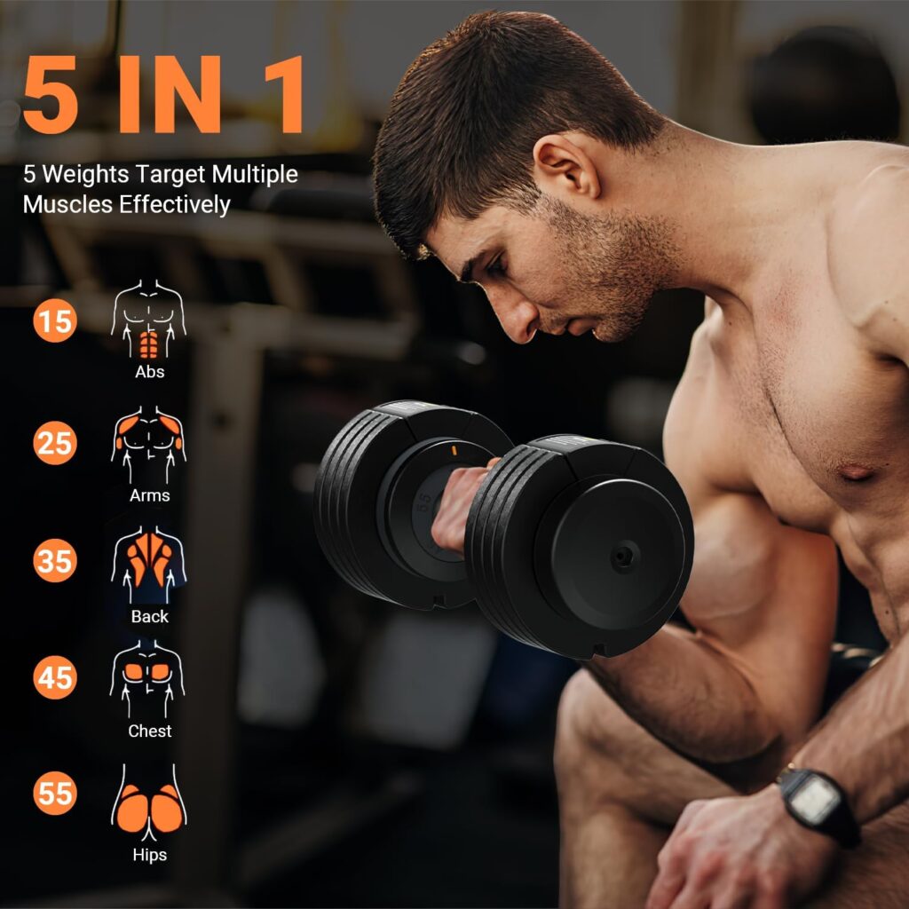 Rendpas 25/55LB Adjustable Dumbbells Set of 2, 1-Sec Adjustable Weights Dumbbells Set, 5 in 1 Free Adjustable Dumbbell Set with Anti-Slip Texture Handle, Exercise  Fitness Dumbbells, Weight Set For Home Gym Suit both Men and Women