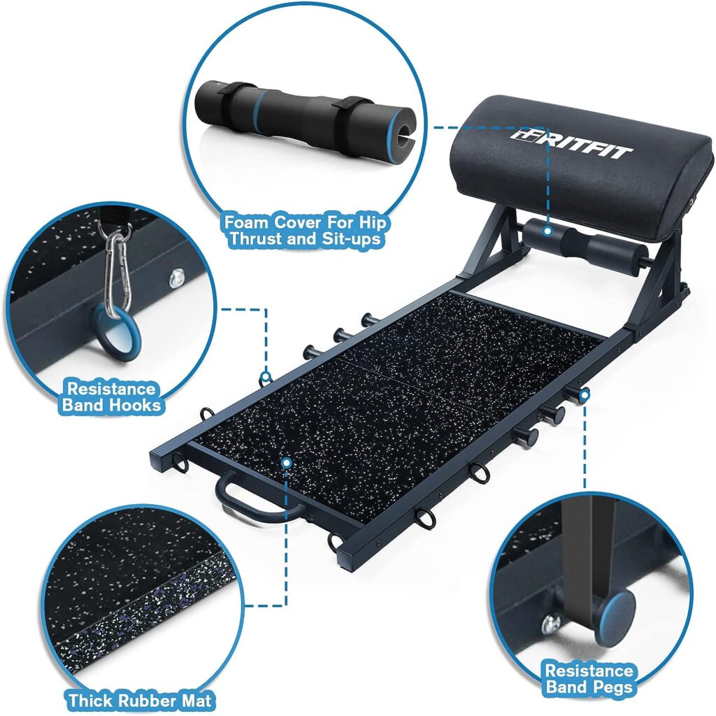 RitFit Multi-Function Hip Thrust Machine Bench Platform HTM-800, 800lbs Capacity Booty Workout Equipment with Thick Back Pad, Barbell Hip Thrust Cover and Band Pegs, for Glute Training Home Gym