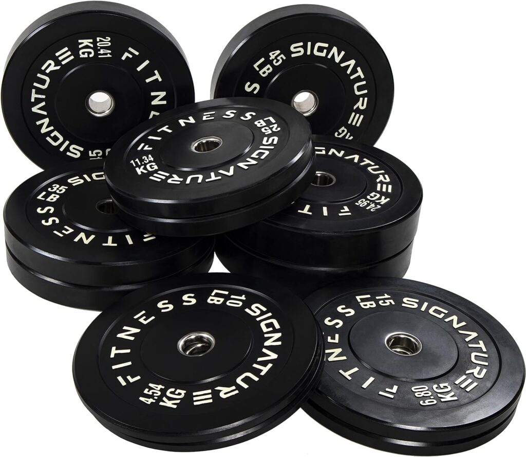 Signature Fitness 2 Olympic Bumper Plate Weight Plates with Steel Hub, Pairs, Singles or Sets