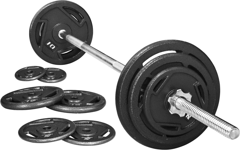 Signature Fitness Cast Iron Standard Weight Plates Including 5FT Standard Barbell with Star Locks, 45-Pound Set (35 Pounds Plates + 10 Pounds Barbell), Multiple Packages