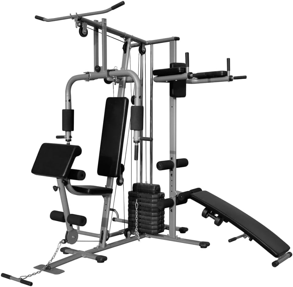 vidaXL Multi-functional Home Gym with 143.3lb plates weight - Adjustable Seat, Butterfly Press and One-Arm Pull Stations, Extendable Leg Curl Modules