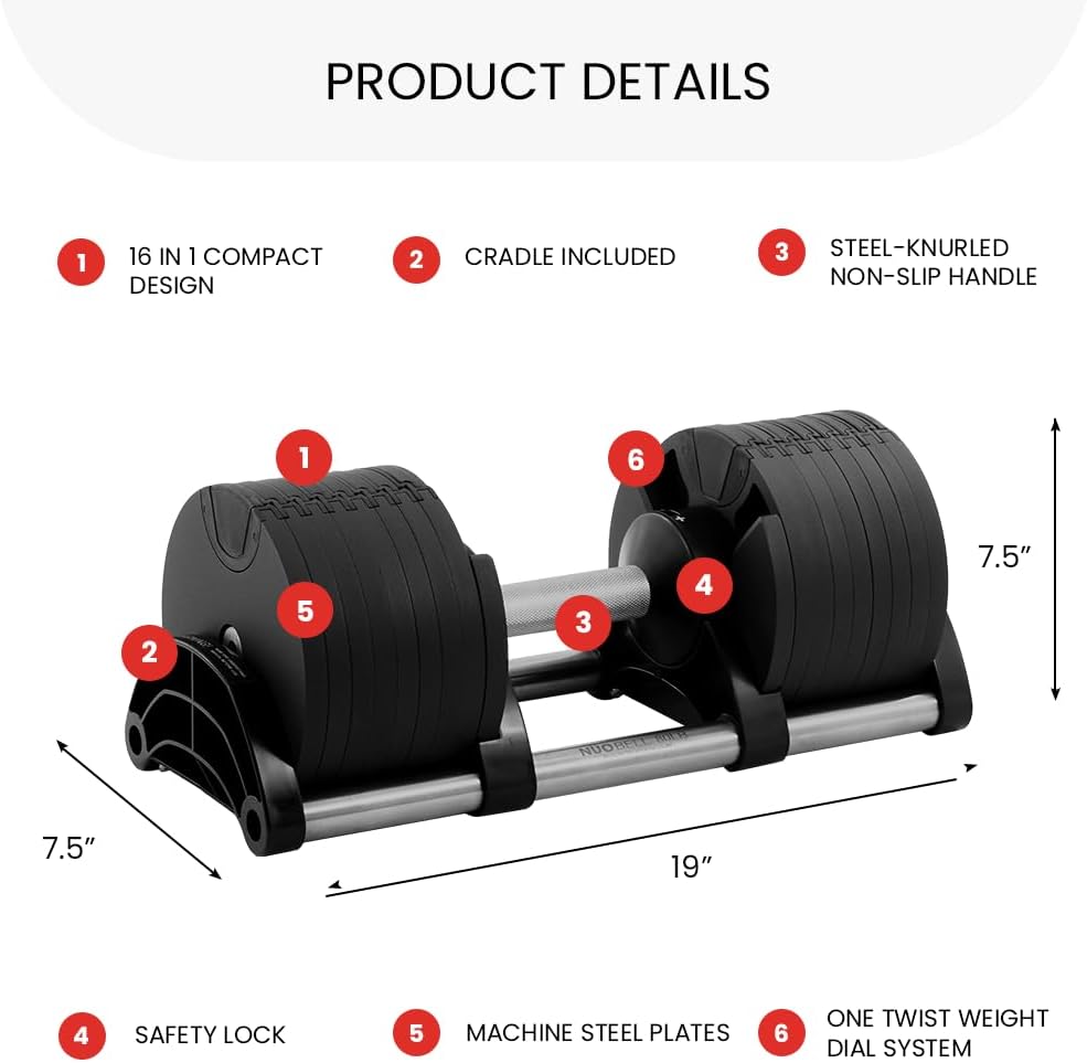 NUOBELL Adjustable Dumbbells Pair 5-80 lbs : the Adjustable Dumbbell Set to Replace 16 Sets of Dumbbells. Add Nuobell Dumbbells 80lb and Free Weights to Your Home Gym. Just Twist the Handle to Adjust and Start Your Exercise.