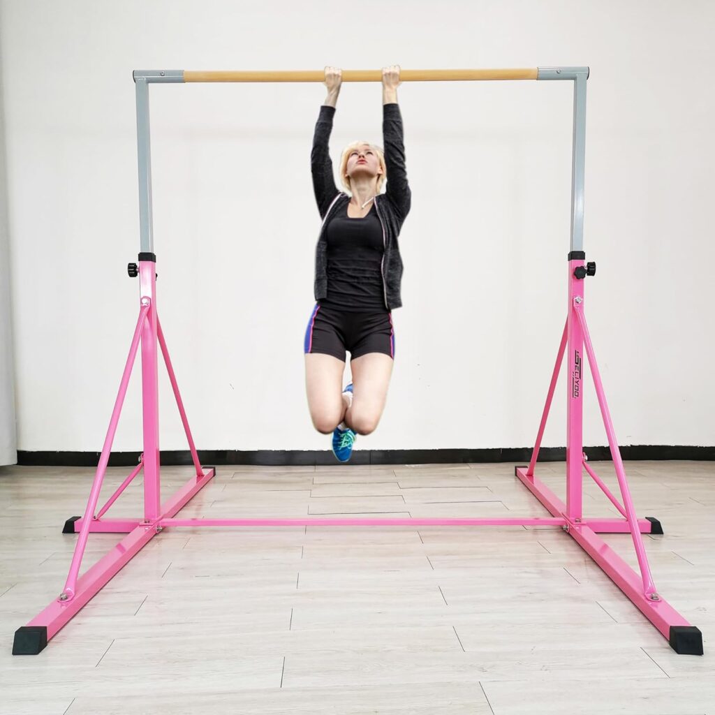 Seliyoo gymnastics high bar for big kids adults ,6FT width 7.2 FT base length ,height adjustable from 49.2 to 68.9 , super stable big triangle extensions,competition gymnastics equipment for home /gym center,weight limit 550 LBS