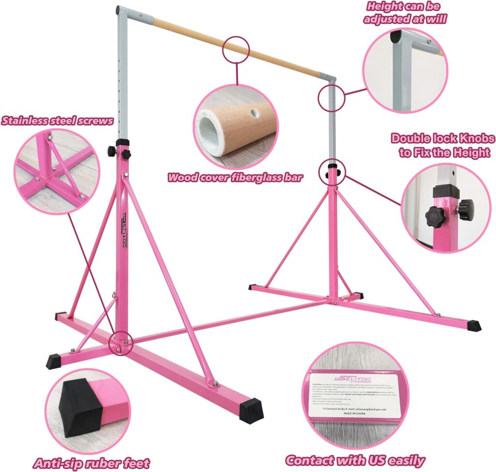 Seliyoo gymnastics high bar for big kids adults ,6FT width 7.2 FT base length ,height adjustable from 49.2 to 68.9 , super stable big triangle extensions,competition gymnastics equipment for home /gym center,weight limit 550 LBS