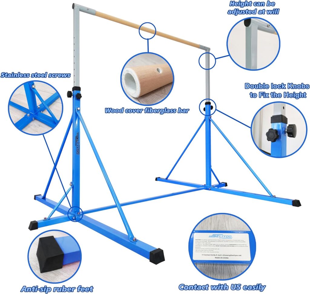 Seliyoo gymnastics high bar for big kids adults ,6FT width 7.2 FT base length ,height adjustable from 49.2 to 68.9 , super stable big triangle extensions,competition gymnastics equipment for home /gym center,weight limit 550 LBS